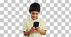 Kid, phone or typing to chat in studio on social media to play mobile games or download app. Blue background, scroll or boy child reading notification for online communication or watch fun multimedia