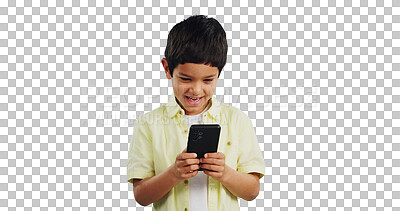 Buy stock photo Kid, typing and boy with a smartphone, smile and connection isolated on transparent background. Person, model and child with cellphone, png and online game with social media, digital app and internet