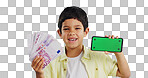 Face of kid, money or phone green screen in studio on social media to win a cash prize or reward. Euros, blue background or happy child with notification for online marketing, mockup or advertising