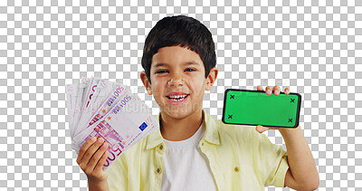 Buy stock photo Portrait of child, money or phone green screen on social media for winning, prize and financial reward. Happy mexican kid or boy with cash and mobile app mockup isolated on transparent PNG background