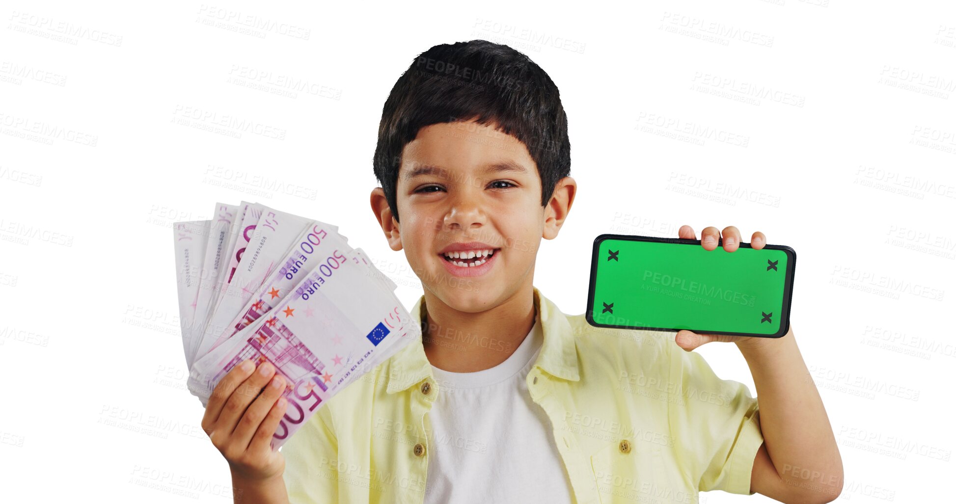 Buy stock photo Portrait of child, money or phone green screen on social media for winning, prize and financial reward. Happy mexican kid or boy with cash and mobile app mockup isolated on transparent PNG background