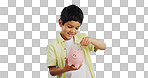 Piggy bank, cash and child face with money, savings and cash planning in a studio, Happy, portrait and young boy with allowance and safe for bills, wealth and budget with blue background and smile