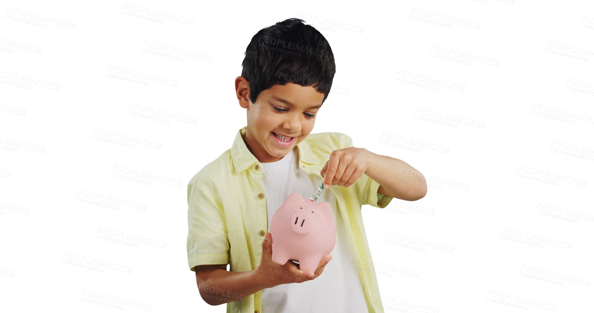 Buy stock photo Happy boy, piggy bank and cash for savings, investment or profit isolated on a transparent PNG background. Little child or kid smile with coins, money or allowance for safe bills, budget or finance