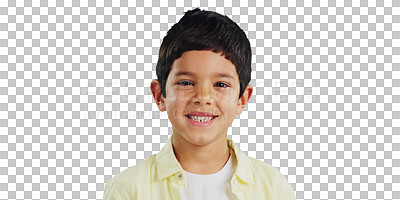 Buy stock photo Smile, cute and portrait of boy child with positive, good and confident attitude for sweet personality. Face, kid and happy model with casual or cool fashion isolated by transparent png background.