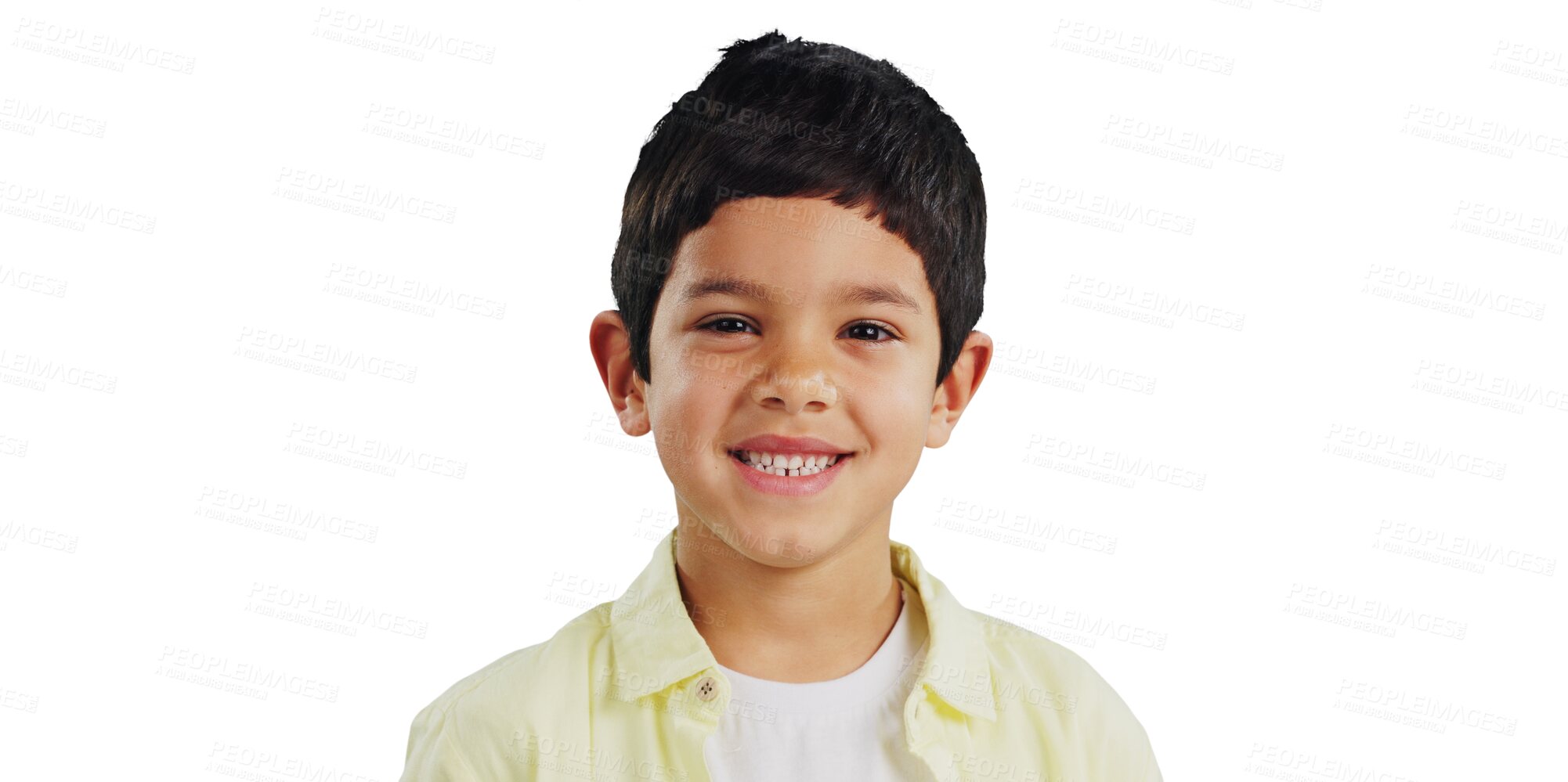 Buy stock photo Smile, cute and portrait of boy child with positive, good and confident attitude for sweet personality. Face, kid and happy model with casual or cool fashion isolated by transparent png background.