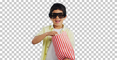 Buy stock photo Popcorn, 3d glasses and portrait of child for movie on isolated, png and transparent background. Happy, excited and young boy eating snack for watching tv, film and cinema show for entertainment