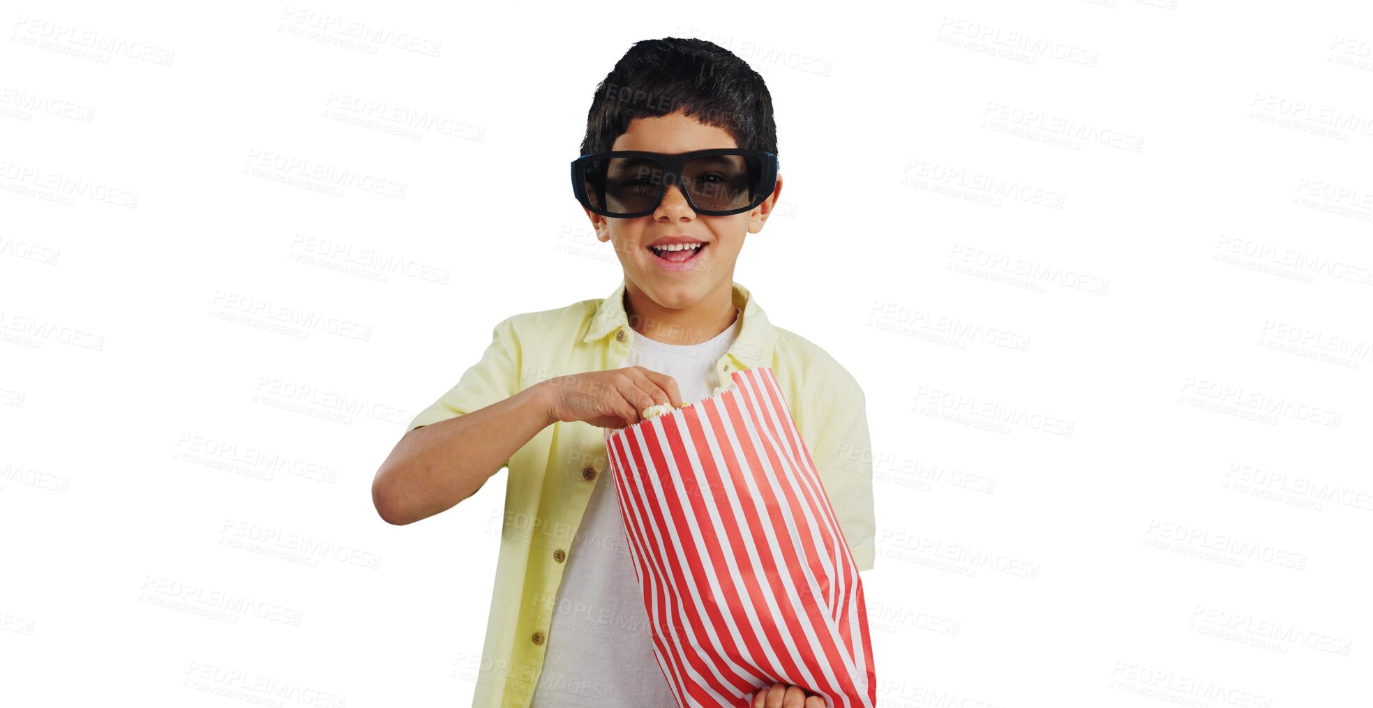 Buy stock photo Popcorn, 3d glasses and portrait of child for movie on isolated, png and transparent background. Happy, excited and young boy eating snack for watching tv, film and cinema show for entertainment