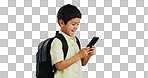 School, phone or kid on social media in studio typing to chat, play mobile games or download app. Blue background, student or happy boy child reading notification for online education or tech search