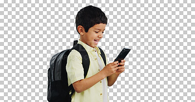 Buy stock photo Isolated boy child, phone or texting with reading, laugh or smile at funny video by transparent png background. Kid, smartphone and scroll for comic meme, backpack or happy for education, game or app