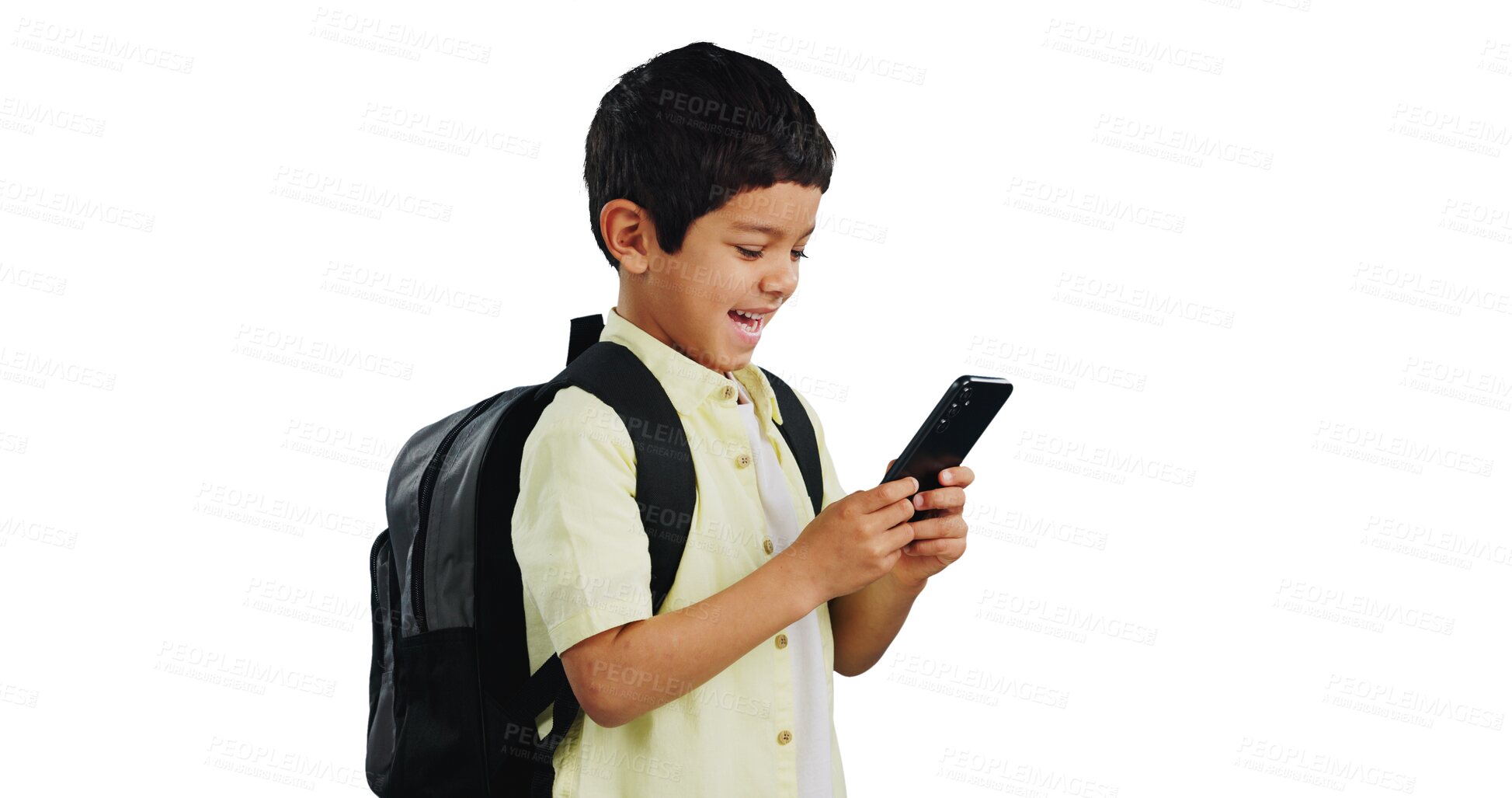 Buy stock photo Isolated boy child, phone or texting with reading, laugh or smile at funny video by transparent png background. Kid, smartphone and scroll for comic meme, backpack or happy for education, game or app