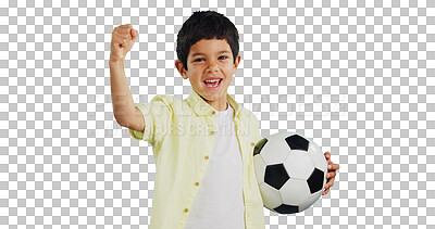 Winner, soccer ball or face of child in studio with smile, joy or happiness for sports success, score or goal. Happy boy, portrait or excited kid with fist or football on blue background mockup space