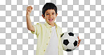 Winner, soccer ball or face of child in studio with smile, joy or happiness for sports success, score or goal. Happy boy, portrait or excited kid with fist or football on blue background mockup space