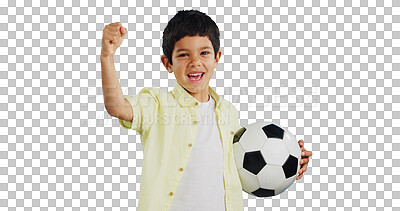 Buy stock photo Isolated boy child, soccer ball and fist for portrait, celebration and excited for game by transparent png background. Champion kid, winner and happy for football, sports and success in competition