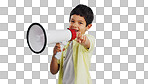 Communication, face or child with megaphone for news, opinion or sale announcement on blue background. Happy, pointing or young boy talking on loudspeaker for voice, speaking or attention in studio