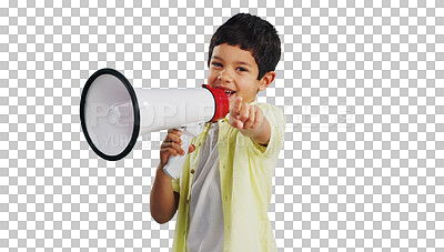 Buy stock photo Isolated boy child, megaphone and speech for pointing, recruitment or choice by transparent png background. Kid, bullhorn and call to action for decision, review or feedback for voice, noise or sound