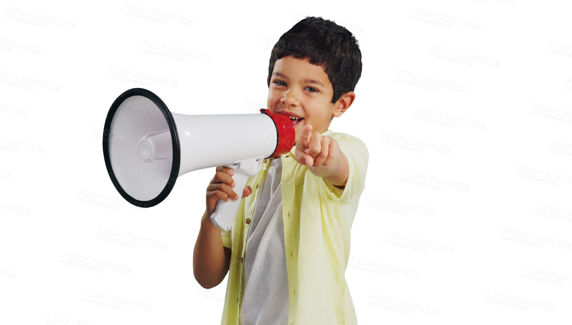 Buy stock photo Isolated boy child, megaphone and speech for pointing, recruitment or choice by transparent png background. Kid, bullhorn and call to action for decision, review or feedback for voice, noise or sound