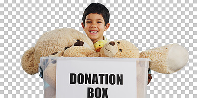 Buy stock photo Isolated boy, box and donation for toys, charity or ngo for children, welfare or help by transparent png background. Child, teddy bear and container with excited smile, face and social responsibility