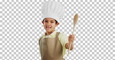 Buy stock photo Isolated boy child, chef and spoon in portrait for cooking, learning and development by transparent png background. Kid, kitchen clothes and wood utensil for bakery, apron and funny with education