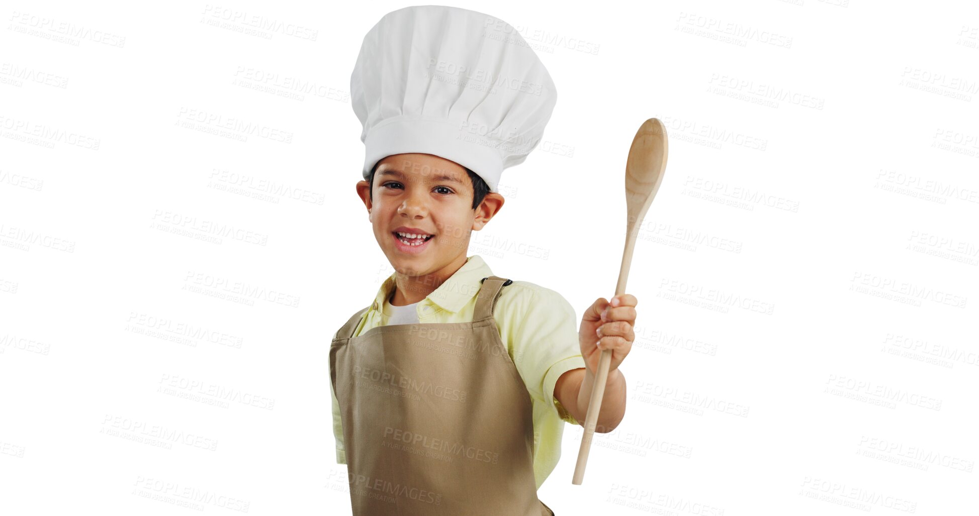 Buy stock photo Isolated boy child, chef and spoon in portrait for cooking, learning and development by transparent png background. Kid, kitchen clothes and wood utensil for bakery, apron and funny with education