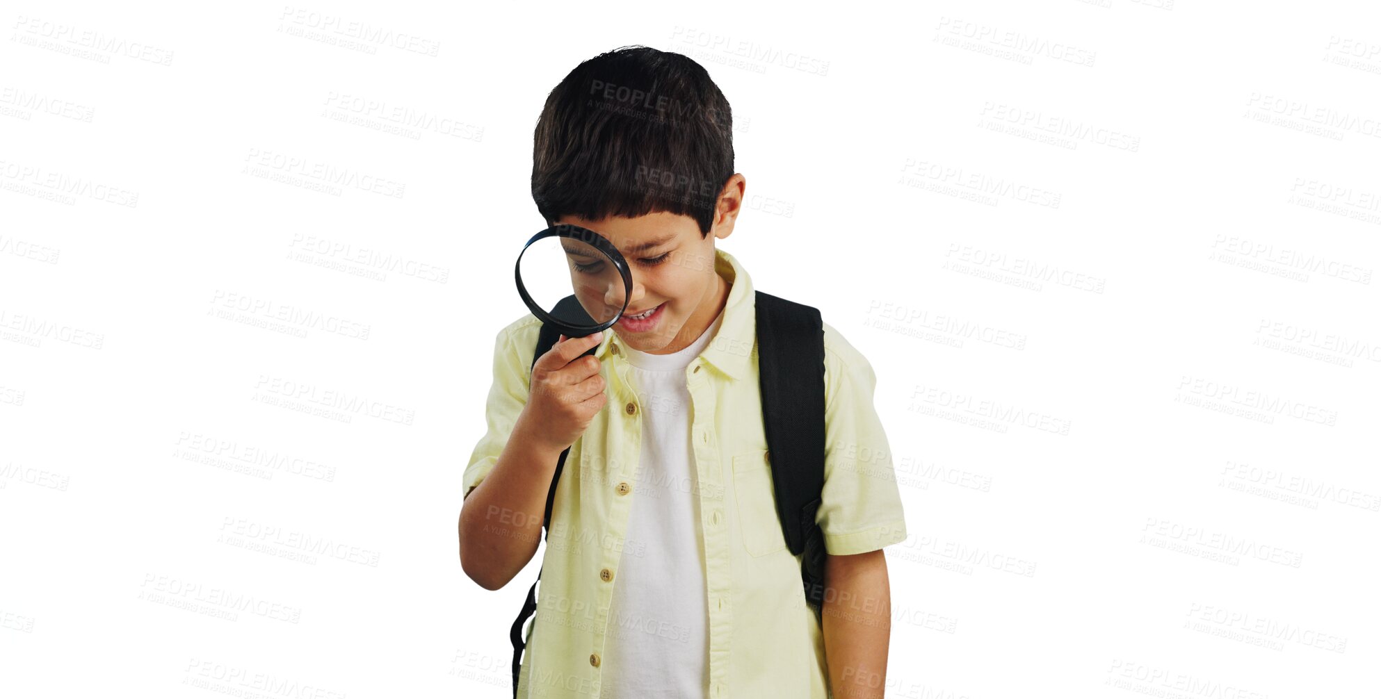 Buy stock photo Isolated boy child, magnifying glass or happy for learning, exploring or analysis by transparent png background. Kid, lens and smile for zoom, thinking or ideas for education with backpack for school