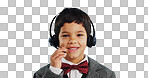 Face, studio or child consultant in call center talking or networking for telecom on blue background. Young, contact or friendly kid sales agent in communication or conversation at customer service