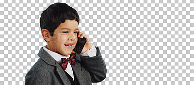 Buy stock photo Child, talking and boy with phone call, smile and happiness isolated on a transparent background. Model, smartphone and guy with mobile user, suit and communication with digital app, png and chatting