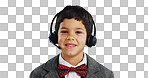 Face, studio or child consultant in call center talking or networking for telecom on blue background. Young, contact or friendly kid sales agent in communication or conversation at customer service