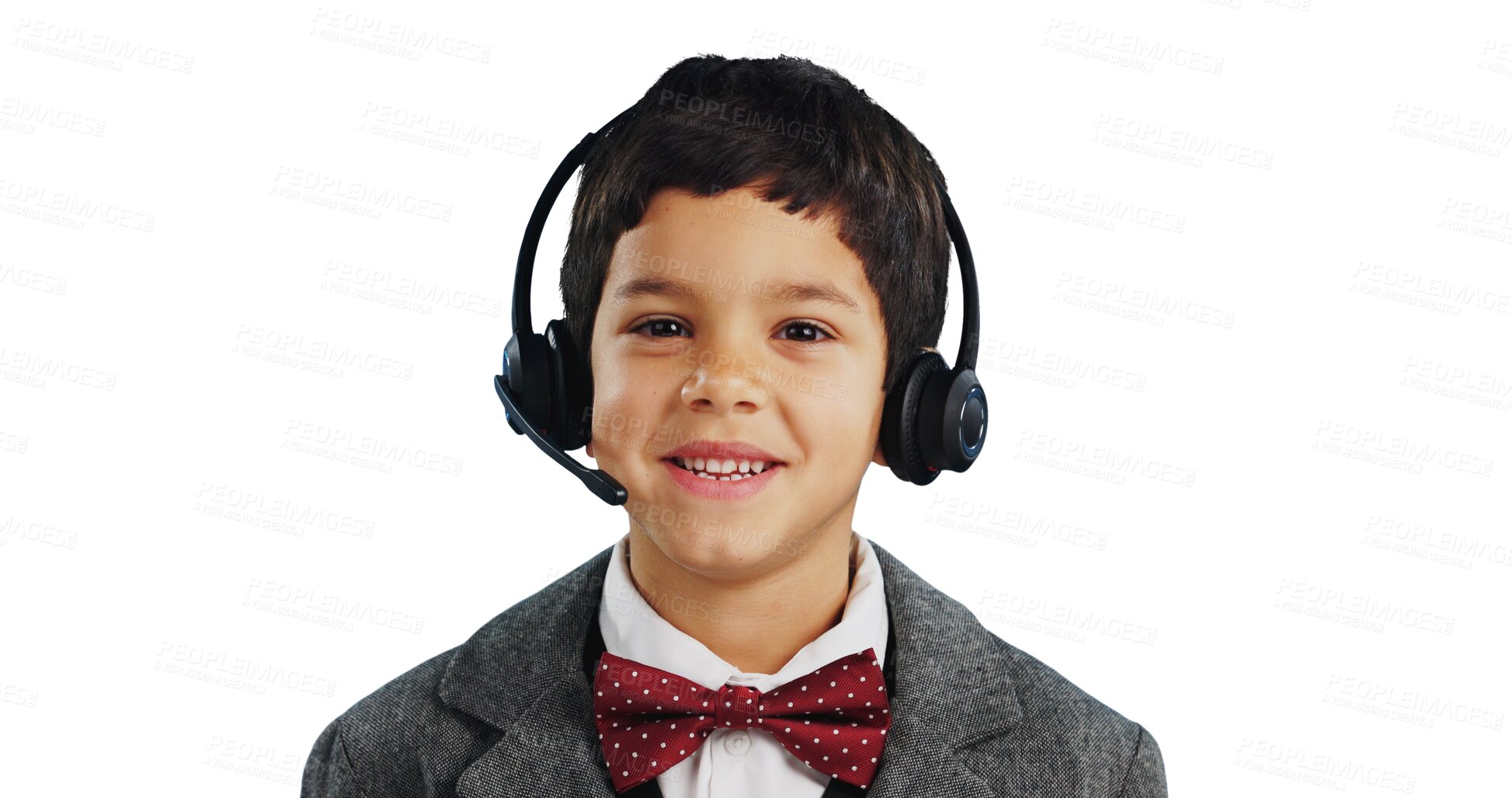 Buy stock photo Happy boy, portrait and call center for telemarketing or support isolated on a transparent PNG background. Face of young child or kid smile with headphones for communication or customer service