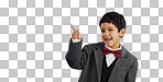 Pointing, face or happy child in studio for offer, discount deal or retail sale on mockup space or logo advertising. Business, funny or excited boy with smile, news or kids promo on blue background