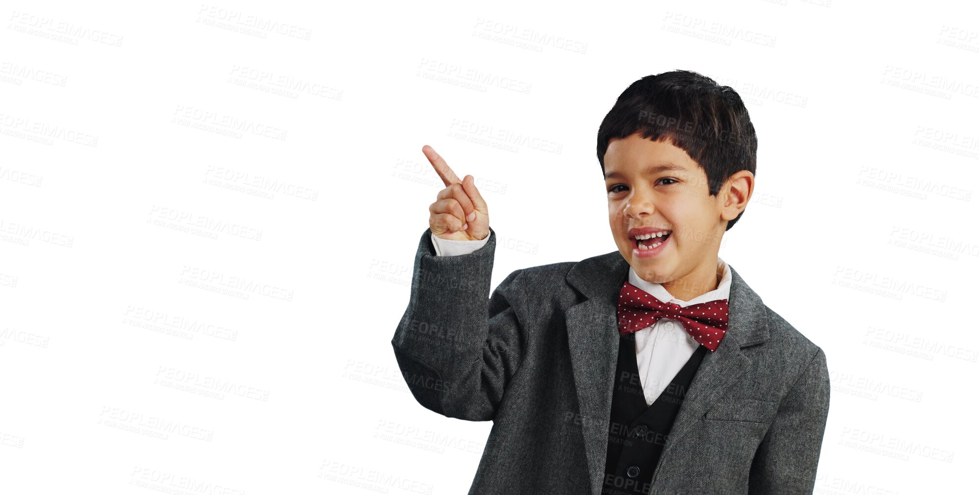 Buy stock photo Happy boy, portrait and pointing up for advertising or marketing isolated on a transparent PNG background. Face of friendly child or kid smile for notification on business sale, deal or promotion