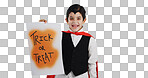 Halloween, poster and portrait of child with paper board for candy isolated in a studio blue background and happy. Holiday, laughing and kid in vampire costume for celebration in fantasy festival