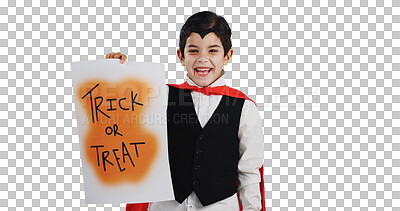 Buy stock photo Happy boy, halloween and billboard in vampire costume, dress up or fashion isolated on a transparent PNG background. Portrait, child or kid with poster or sign for trick or treat, sweets and candy