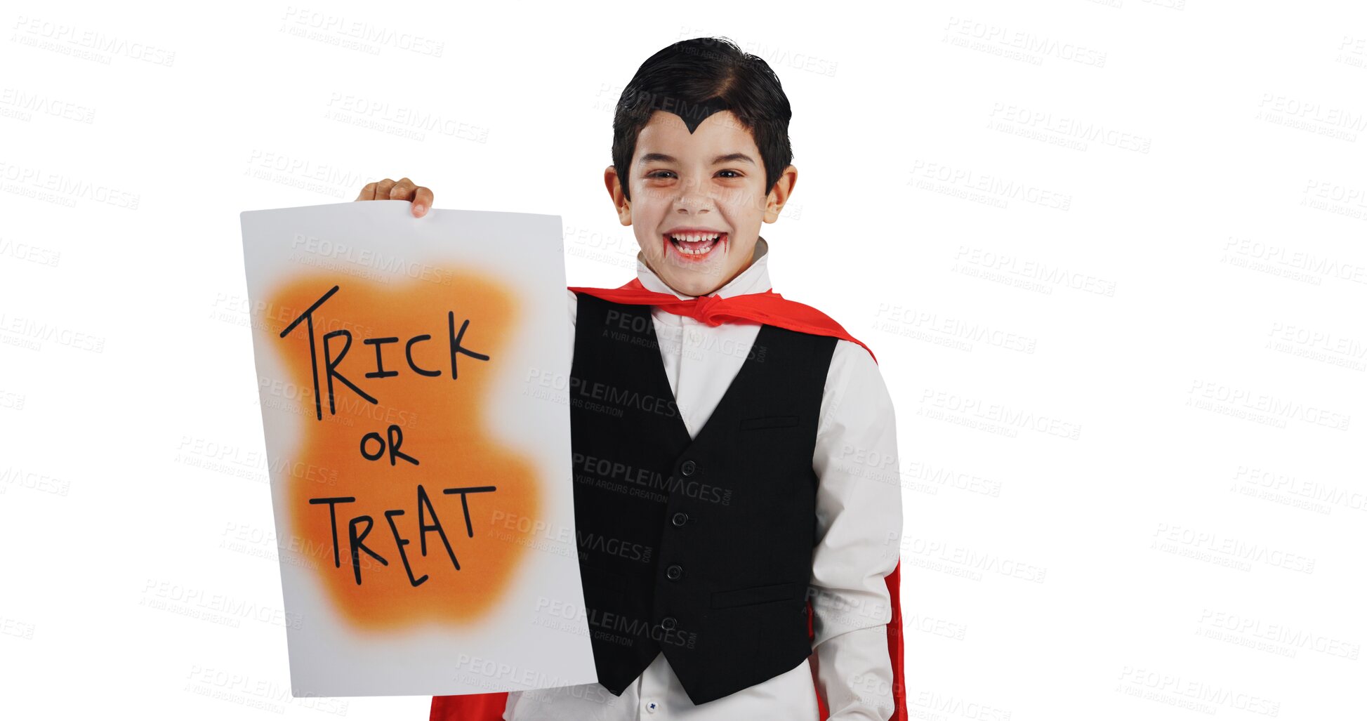 Buy stock photo Happy boy, halloween and billboard in vampire costume, dress up or fashion isolated on a transparent PNG background. Portrait, child or kid with poster or sign for trick or treat, sweets and candy