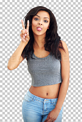 Buy stock photo Woman, fashion and silly portrait with peace sign, smile and modern outfit from Brazil. Tongue out, trendy clothing and female model with stylish clothes ??isolated on a transparent, png background
