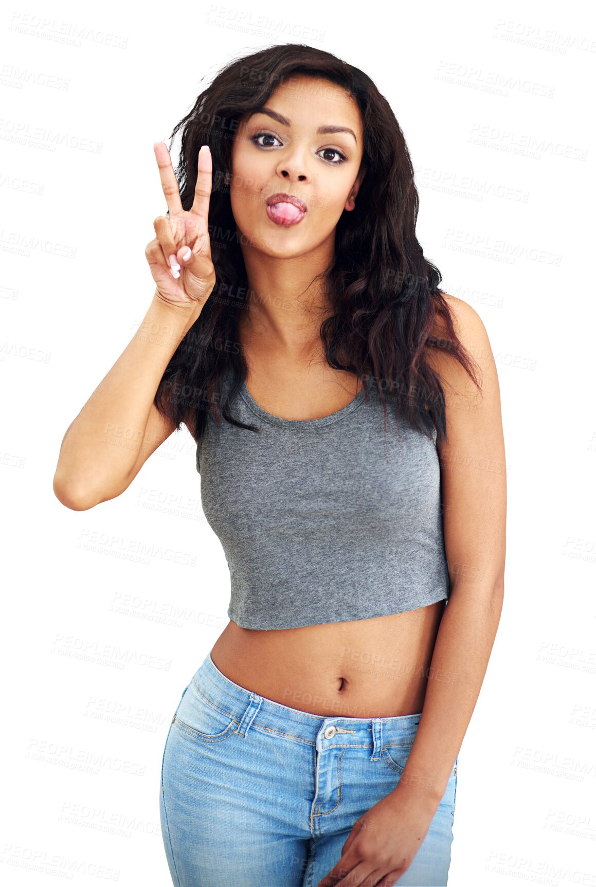 Buy stock photo Woman, fashion and silly portrait with peace sign, smile and modern outfit from Brazil. Tongue out, trendy clothing and female model with stylish clothes ??isolated on a transparent, png background
