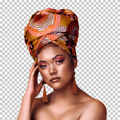 Buy stock photo Portrait, scarf and woman with beauty, cosmetics and confident girl isolated on a transparent background. Face, person or model with traditional African head wrap, fashion and exotic jewelry with png