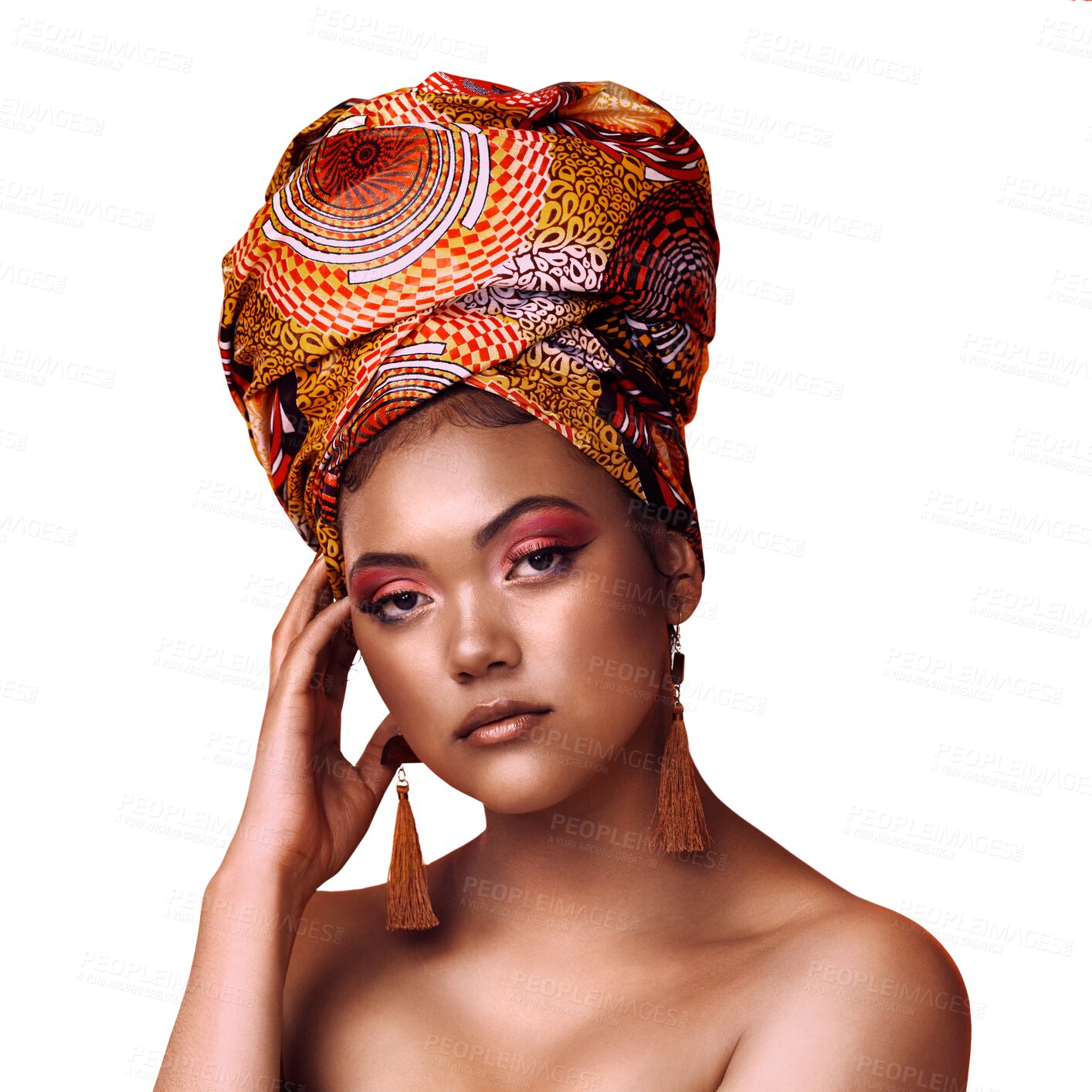 Buy stock photo Portrait, scarf and woman with beauty, cosmetics and confident girl isolated on a transparent background. Face, person or model with traditional African head wrap, fashion and exotic jewelry with png