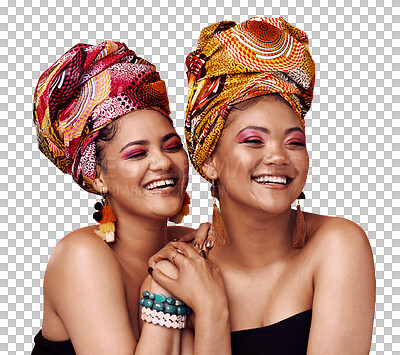 Buy stock photo African fashion, culture and friends or women in beauty, makeup and jewelry or cosmetics and traditional design. Happy people laugh, love and pattern design isolated on a transparent, png background