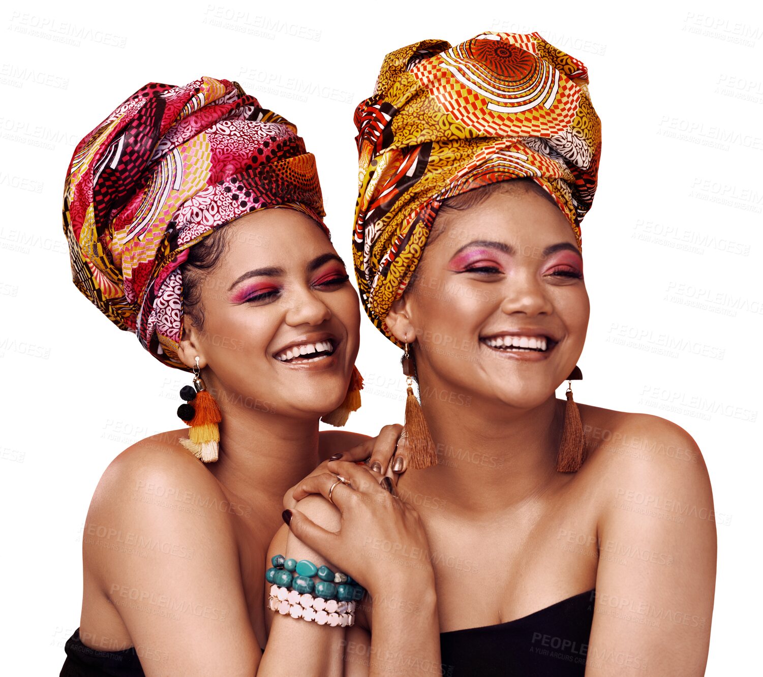 Buy stock photo African fashion, culture and friends or women in beauty, makeup and jewelry or cosmetics and traditional design. Happy people laugh, love and pattern design isolated on a transparent, png background