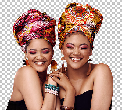 Buy stock photo Happy, friends and women with beauty, skincare and confident people isolated on a transparent background. Girls, png and models with African head scarf, jewelry and smile with joy and traditional