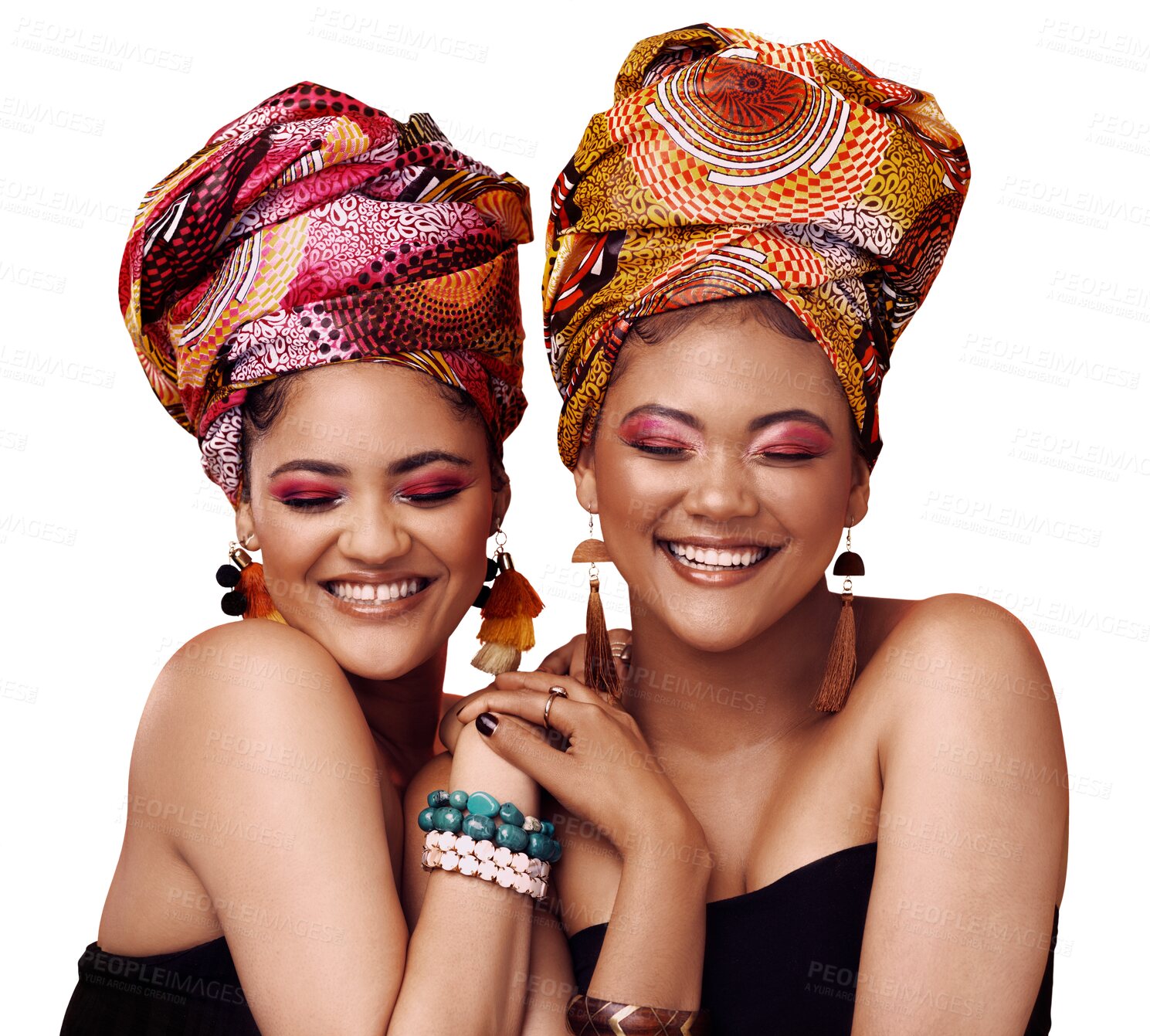 Buy stock photo Happy, friends and women with beauty, skincare and confident people isolated on a transparent background. Girls, png and models with African head scarf, jewelry and smile with joy and traditional