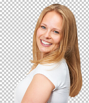 Buy stock photo Portrait, smile and woman with beauty, happiness and fashion isolated on a transparent background. Face, person and model with png, joyful and cheerful with positive mindset, casual outfit or stylish