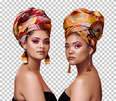 Buy stock photo Women, african fashion and portrait for beauty cosmetics, makeup and accessories in traditional design. Face of friends or people with culture, fabric pattern isolated on transparent png background