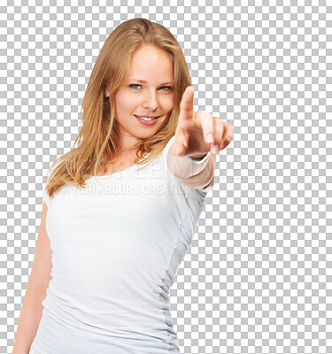 Buy stock photo Portrait, woman or pointing to you for hiring, vote and choice of winner, accountability or attention isolated on transparent png background. Emoji sign, finger direction and recruitment of volunteer