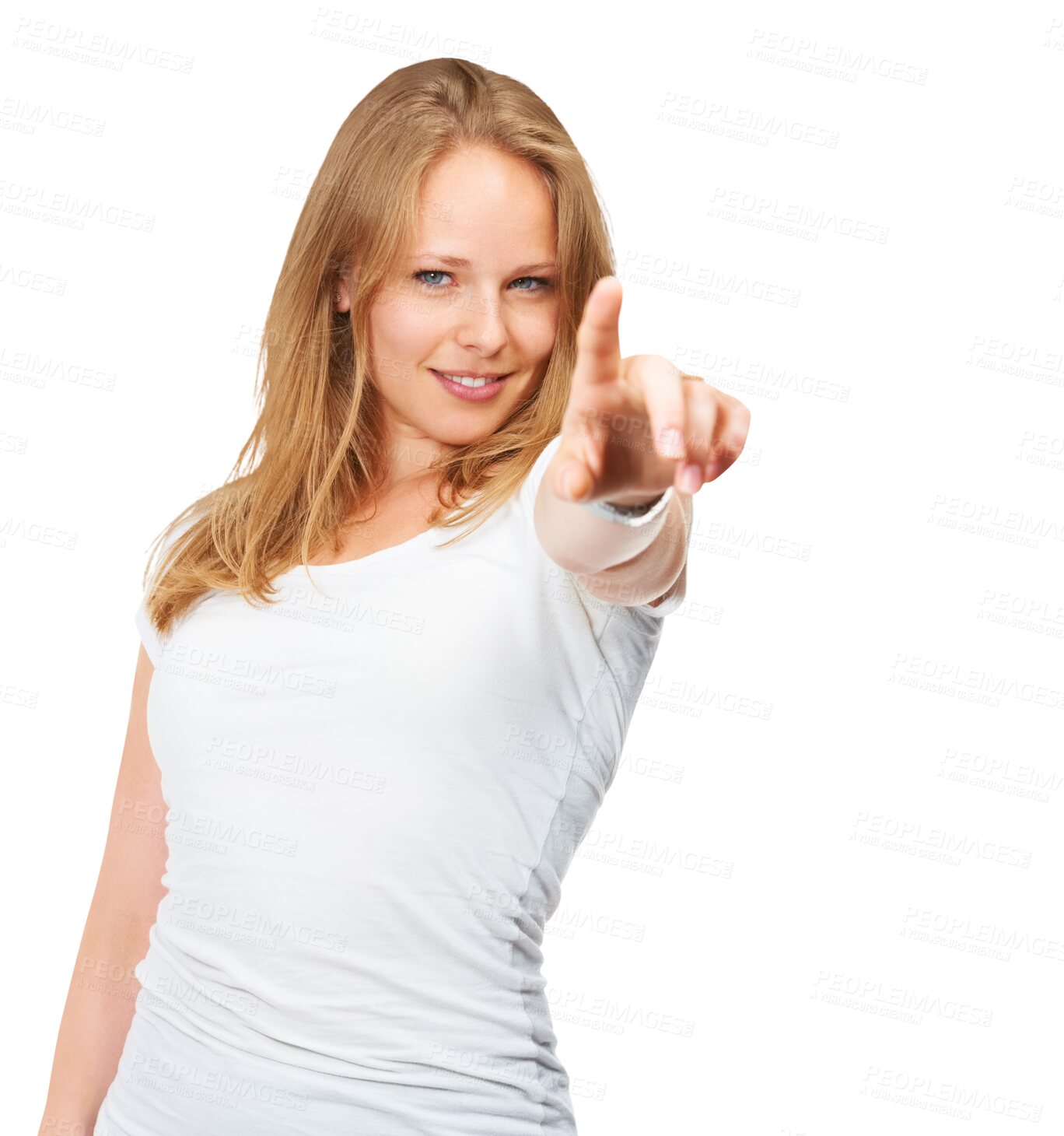 Buy stock photo Portrait, woman or pointing to you for hiring, vote and choice of winner, accountability or attention isolated on transparent png background. Emoji sign, finger direction and recruitment of volunteer