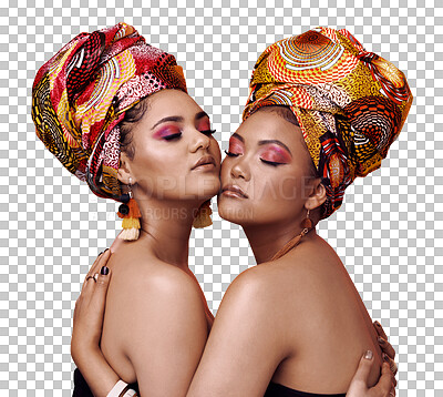 Buy stock photo Hug, friends and women with beauty, skincare and confident people isolated on transparent background. Girls, png and models with African head scarf, jewelry or makeup with joy, embrace or traditional