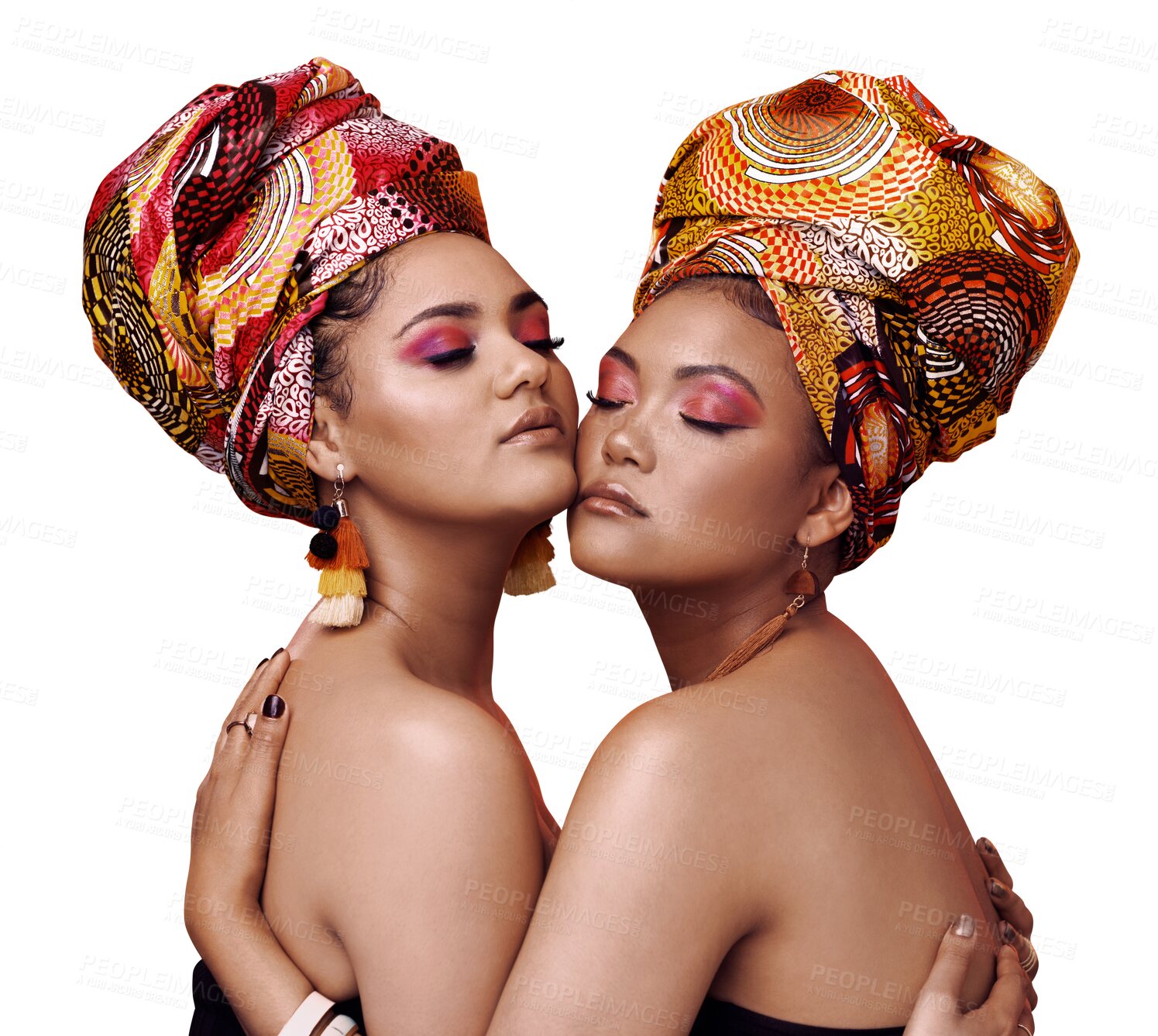 Buy stock photo Hug, friends and women with beauty, skincare and confident people isolated on transparent background. Girls, png and models with African head scarf, jewelry or makeup with joy, embrace or traditional