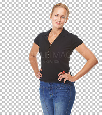 Buy stock photo Happy woman, portrait and fashion in confidence standing isolated on a transparent PNG background. Attractive young female person or model posing in denim jeans or casual clothing with hands on hip