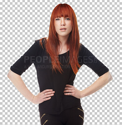 Buy stock photo Fashion, beauty and portrait of young woman with stylish, trendy and elegant dress and hairstyle. Confident, classy style and female model from Canada posing isolated by transparent png background.