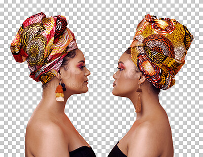 Buy stock photo African fashion, friends and face of women on isolated, png and transparent background in luxury style. Beauty, exotic jewelry and profile of people with cosmetics, makeup and accessories for glamour